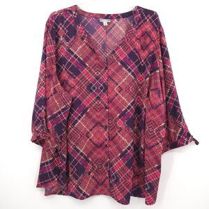 Catherines button up tunic top Plus Size 5X red purple print 3/4‎ sleeves V-neck